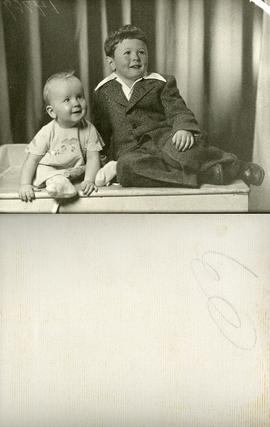 Children of Ann Koski Chisholm and Archie Chisholm. Photo taken in Sudbury -  Baby Leslie Karen was born in Sudbury. Carl Richard was born in Montreal. Date of photo - March 1948.
